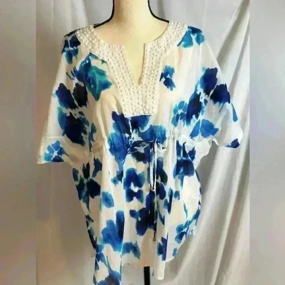 Michael Kors Beaded V-Neck White /Blue Blouse with draw string waist (L/XL) - Picture 5 of 16